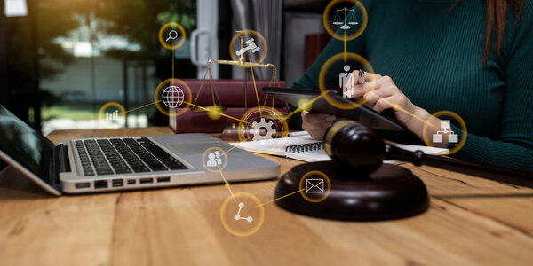 legal desk with icons